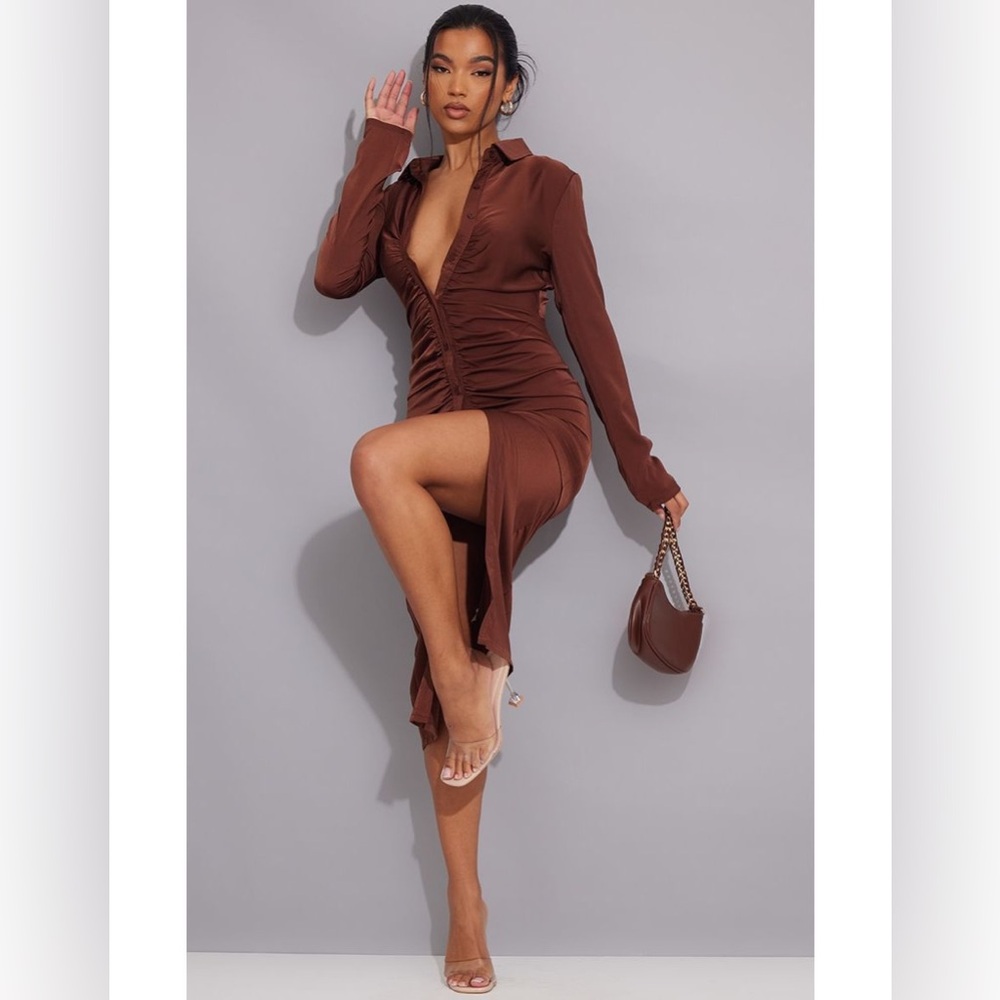 Prettylittlething Chocolate Ruched Satin Maxi Shirt Dress